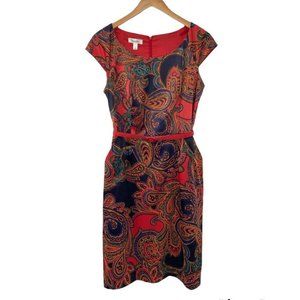 Dressbarn Women's 12 Paisley Print  Red Belt Cap Short Sleeve Dress